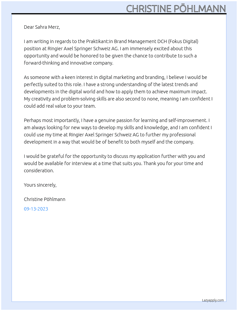 Praktikant:in Brand Management DCH (Fokus Digital) At Ringier Axel Springer Schweiz AG Cover Letter