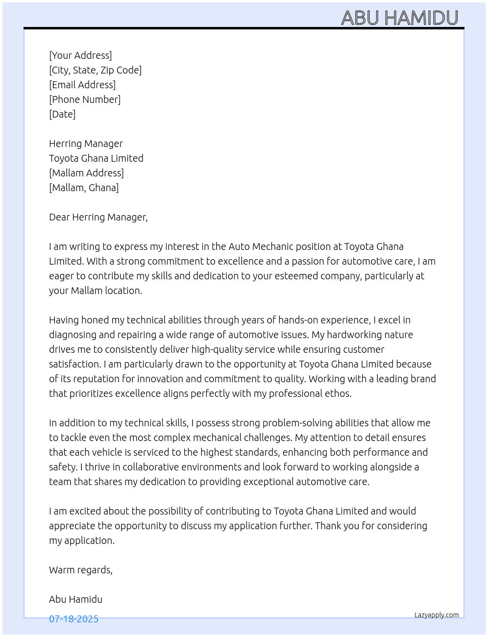 Auto mechanic  At Toyota Ghana Limited  Cover Letter