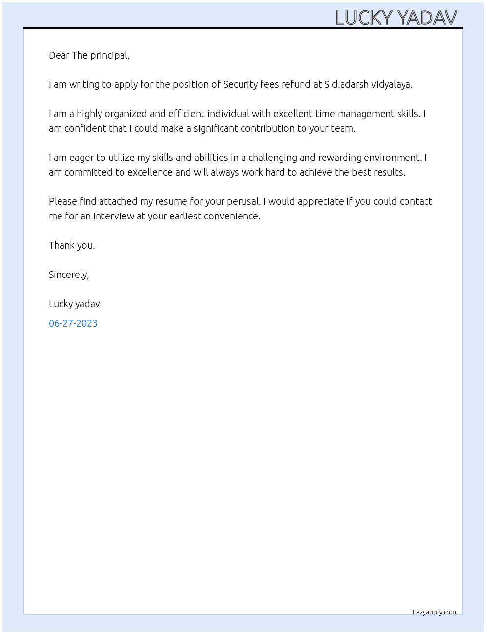 Security fees refund  At S d.adarsh vidyalaya  Cover Letter