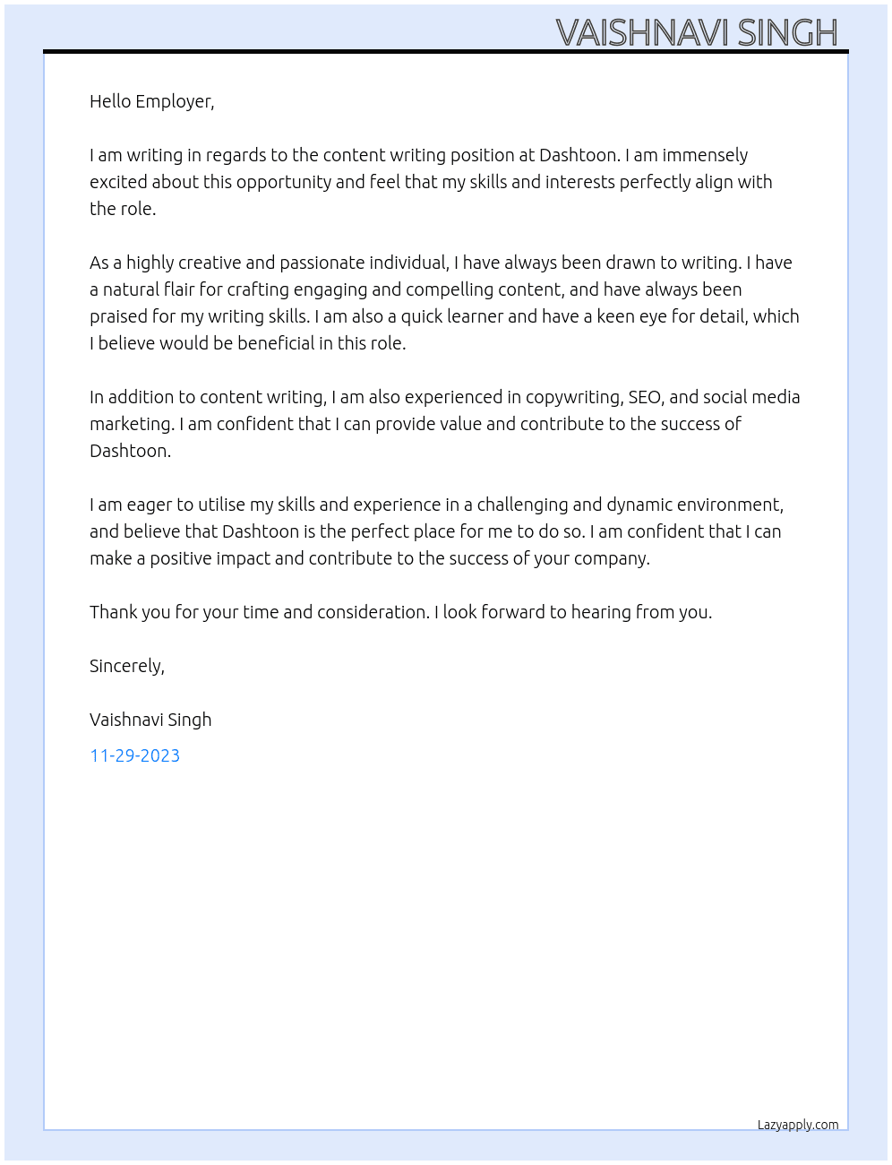 Content writing  At Dashtoon  Cover Letter