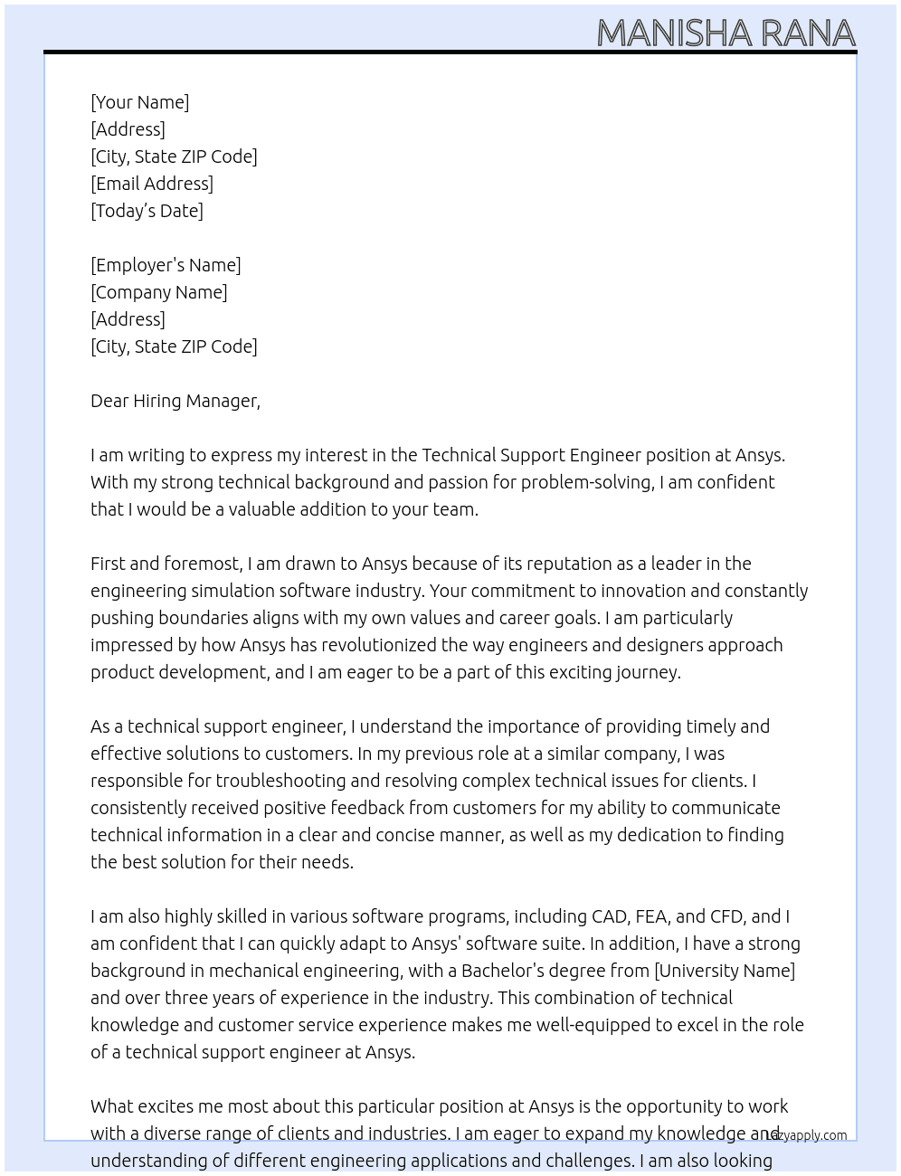 Technical support engineer At Ansys Cover Letter