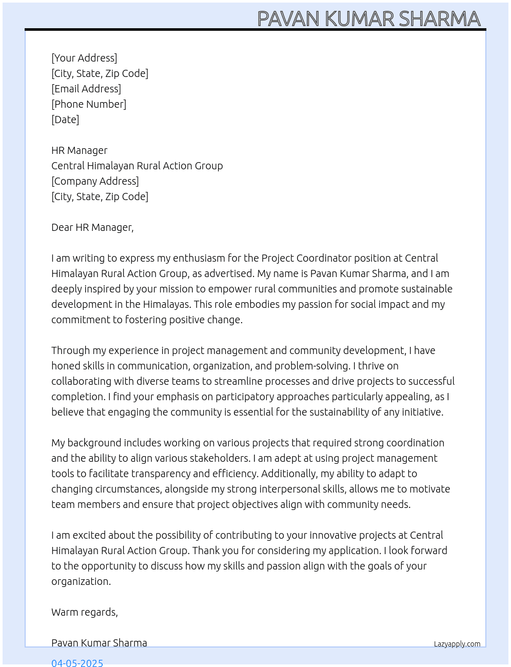 PROJECT COORDINATOR At CENTRAL HIMALAYAN RURAL ACTION GROUP Cover Letter