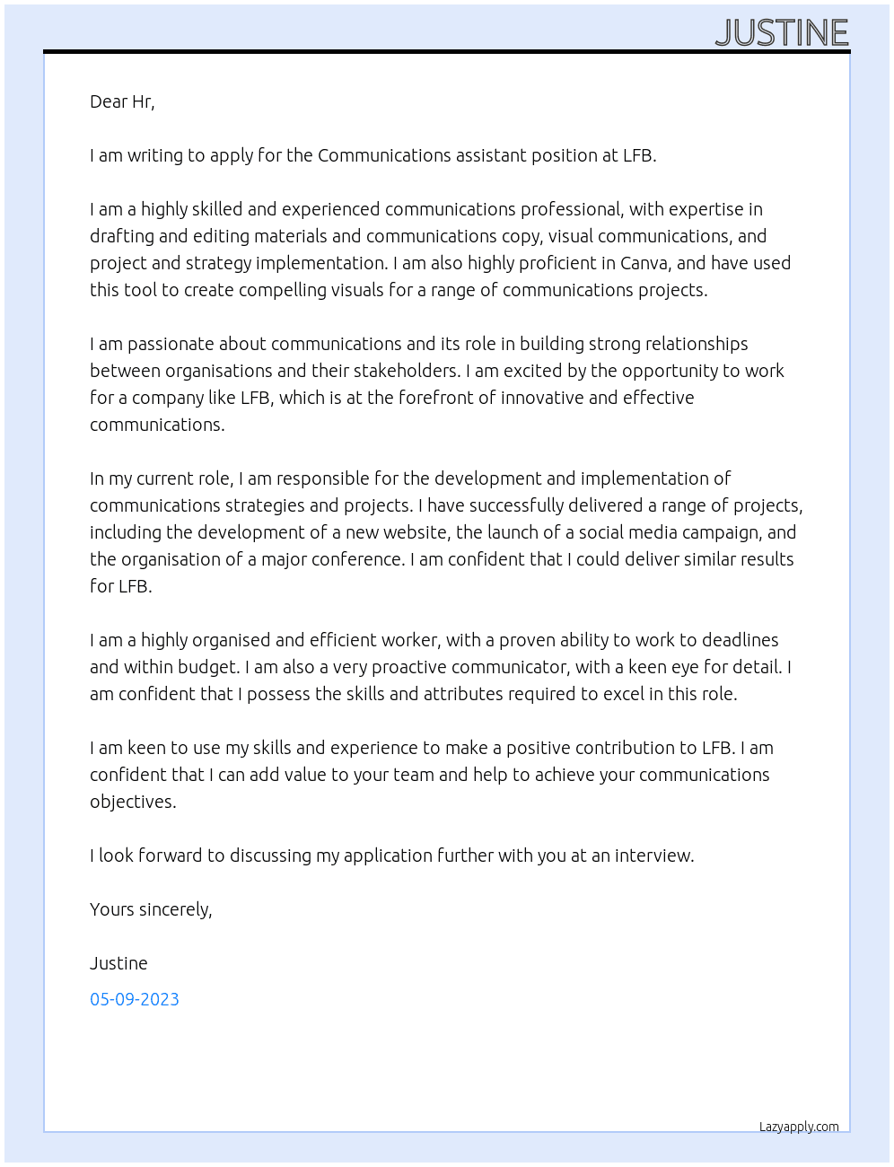 Communications assistant  At LFB Cover Letter