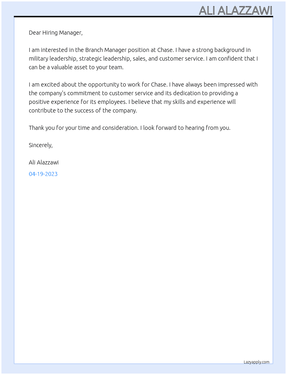 Branch Manager At Chase Cover Letter