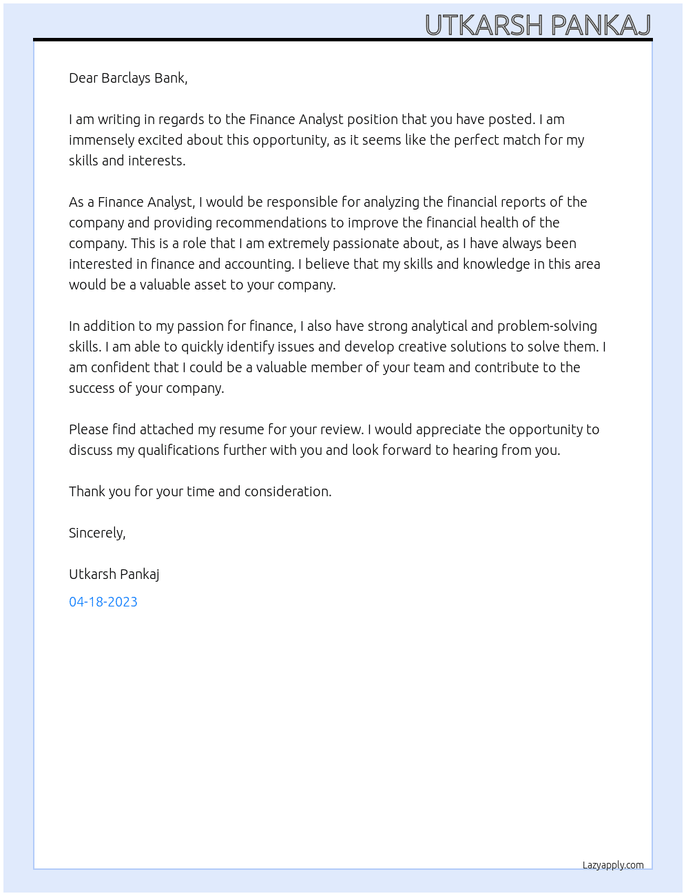 Finance Analyst At NA Cover Letter