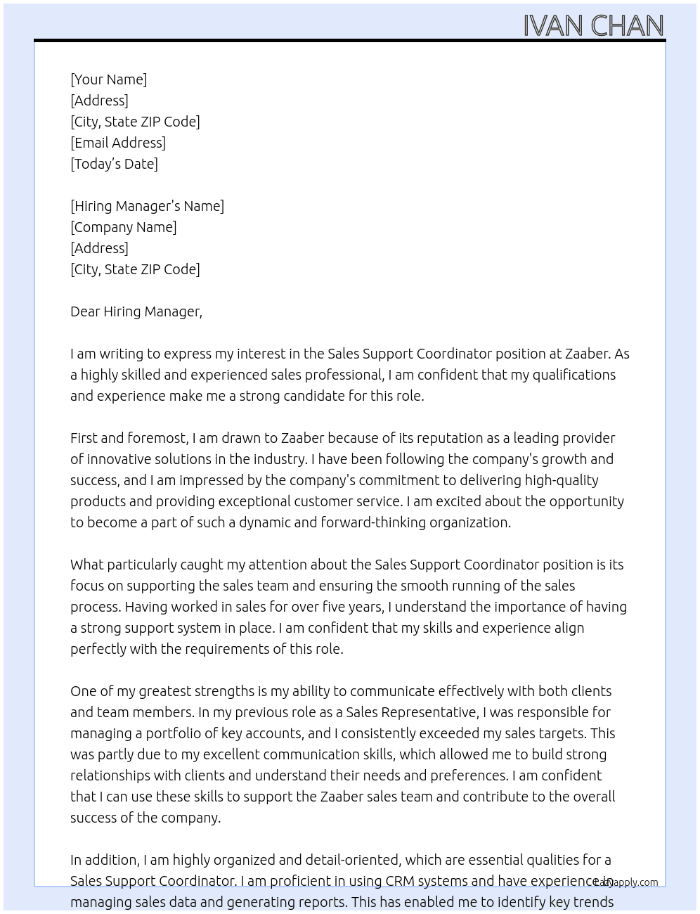 Sales Support Coordinator At Zaaber Cover Letter