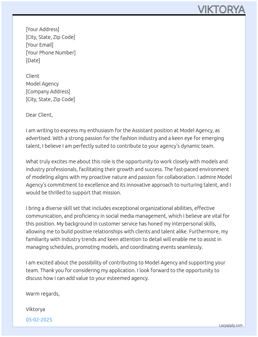 Cover letter for assistant for model agency - LazyApply