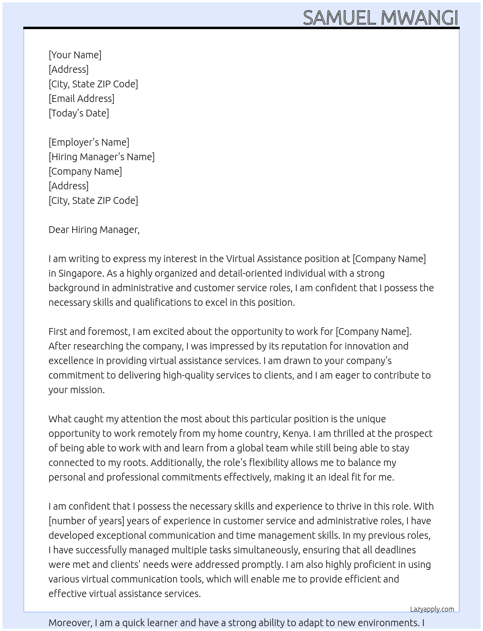 virtual assistance At singapore Cover Letter