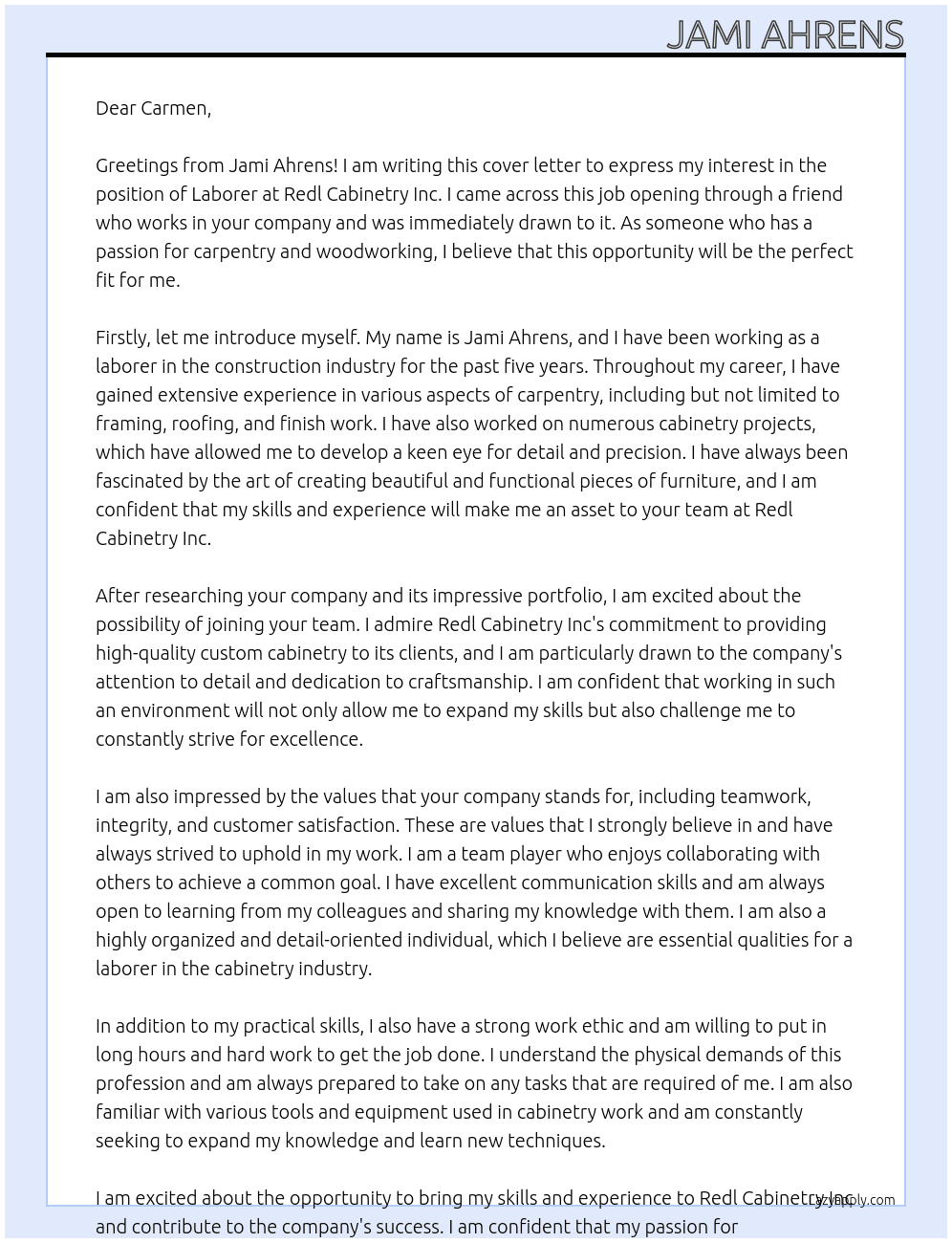 Laborer  At Redl Cabinetry Inc Cover Letter