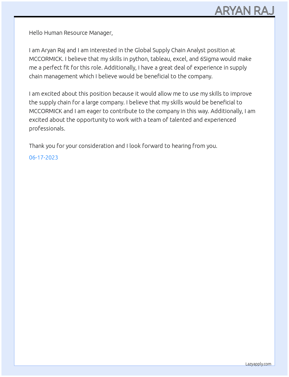 Global Supply Chain Analyst At MCCORMICK Cover Letter