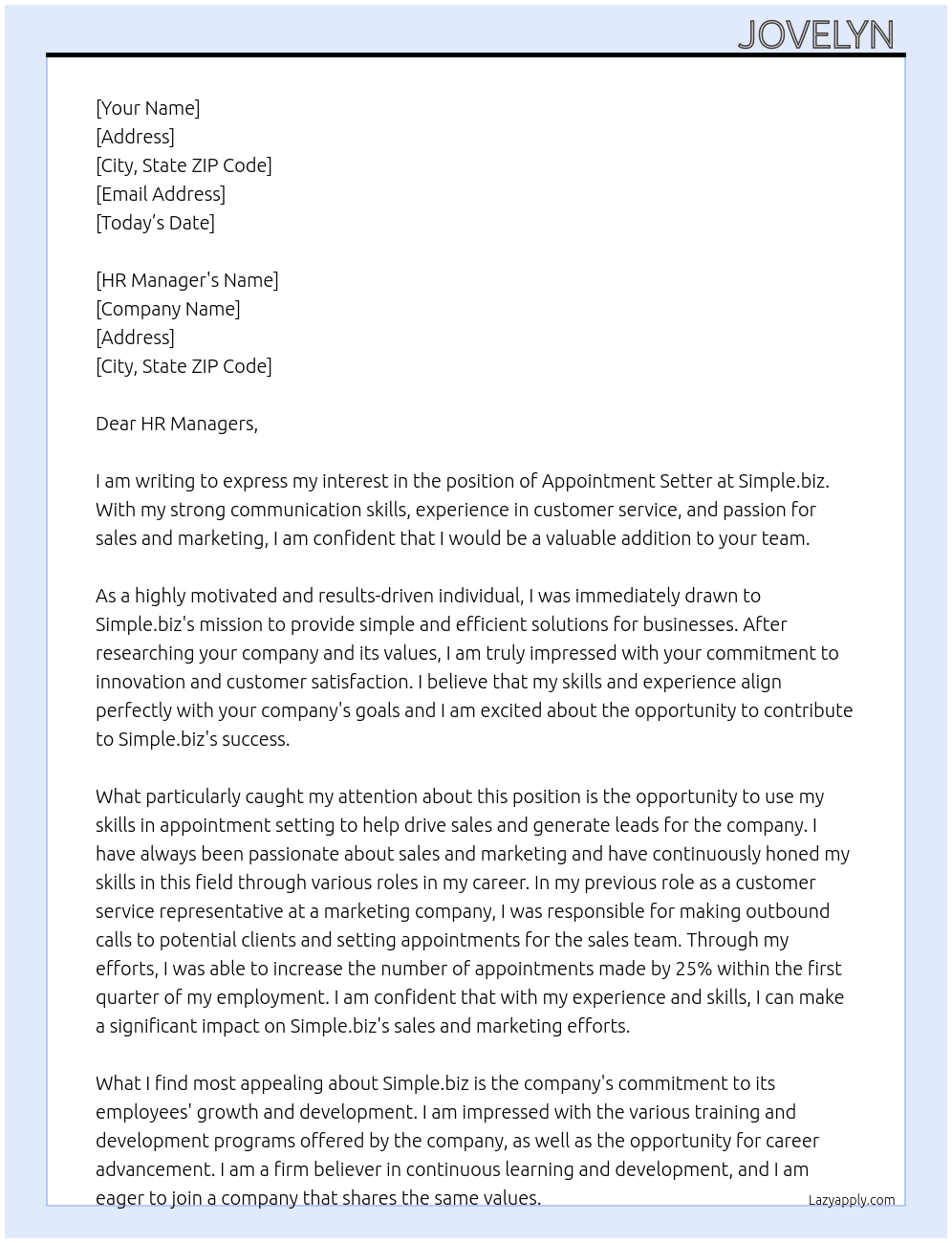 Appointment setter  At Simple.biz Cover Letter