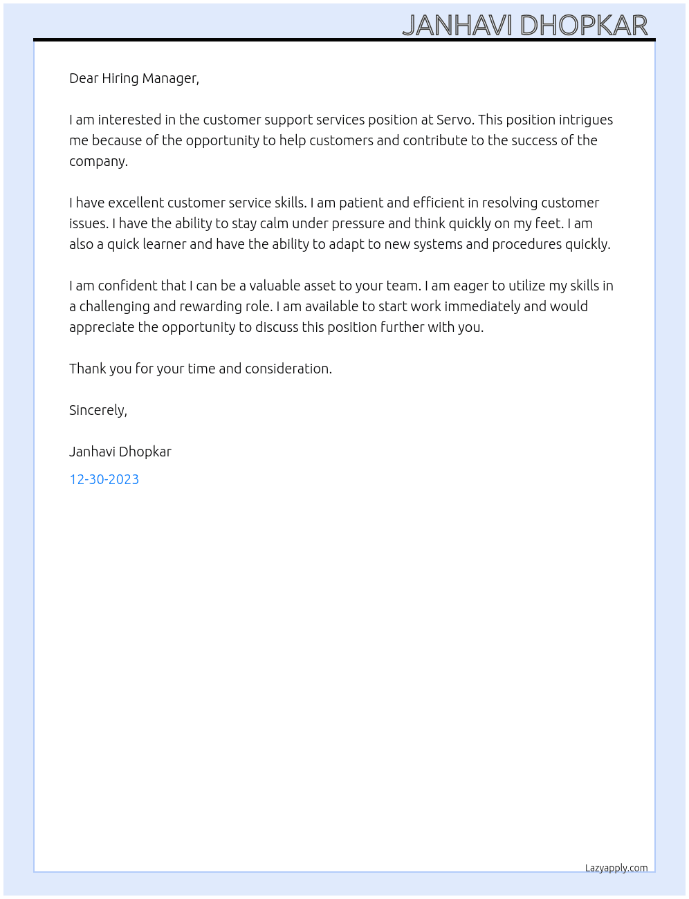 Customer support services  At Servo Cover Letter