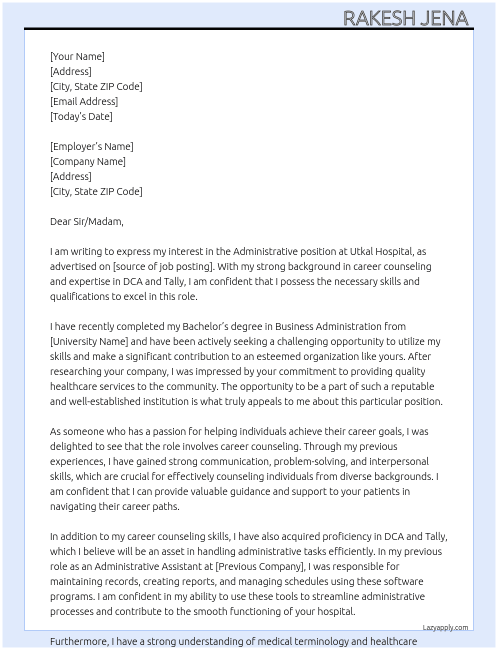 Administrati  At Utkal Hospital  Cover Letter