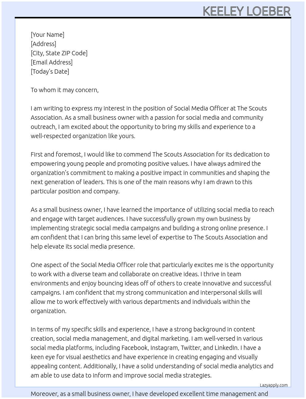 Social Media Officer  At The Scouts Association Cover Letter