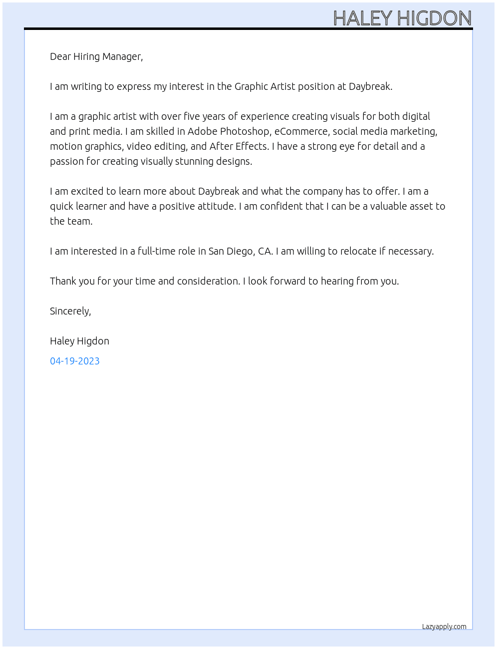 Graphic Artist At Daybreak Cover Letter