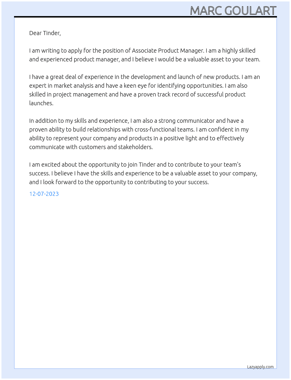 Associate Product Manager At Tinder Cover Letter
