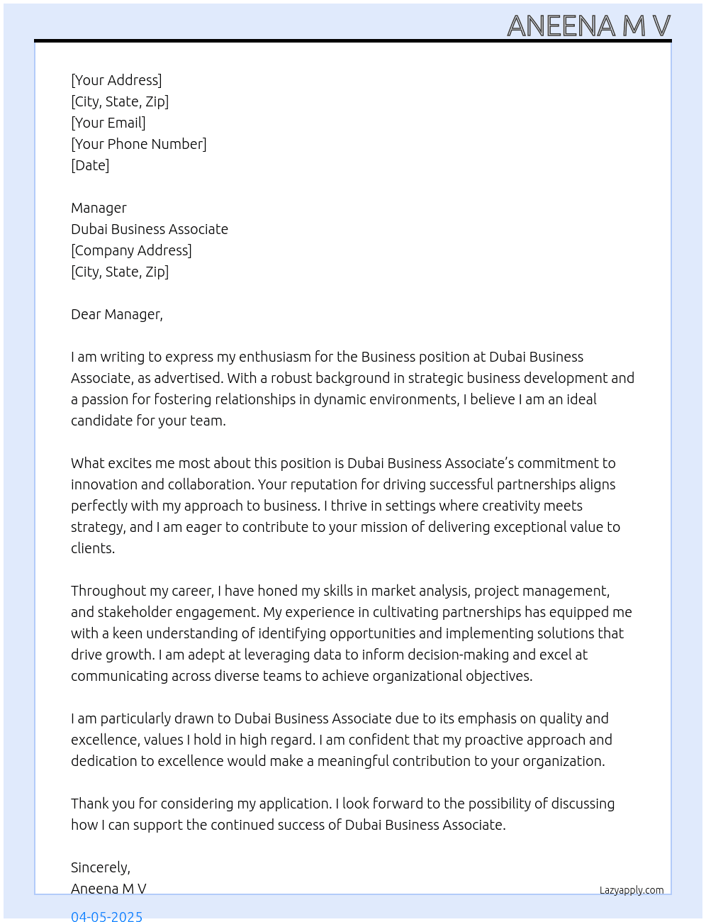Business  At Dubai Business Associate Cover Letter