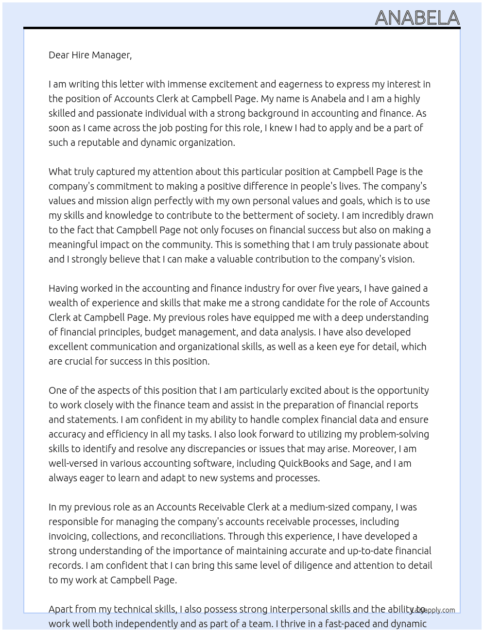 Accounts Clerk At Campbell Page Cover Letter