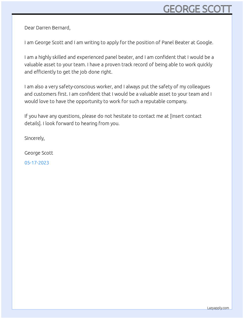 Panel Beater At Google Cover Letter