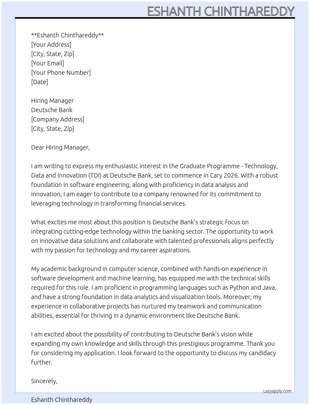  Graduate Programme - Technology, Data and Innovation (TDI) – Cary 2026 At Deutsche Bank Cover Letter