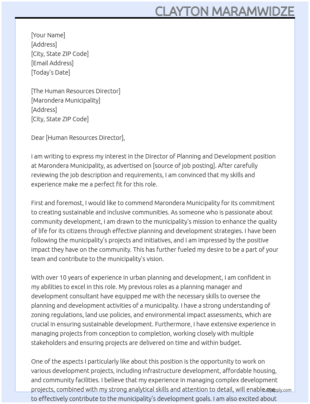 Director planning and development At Marondera Municipality Cover Letter