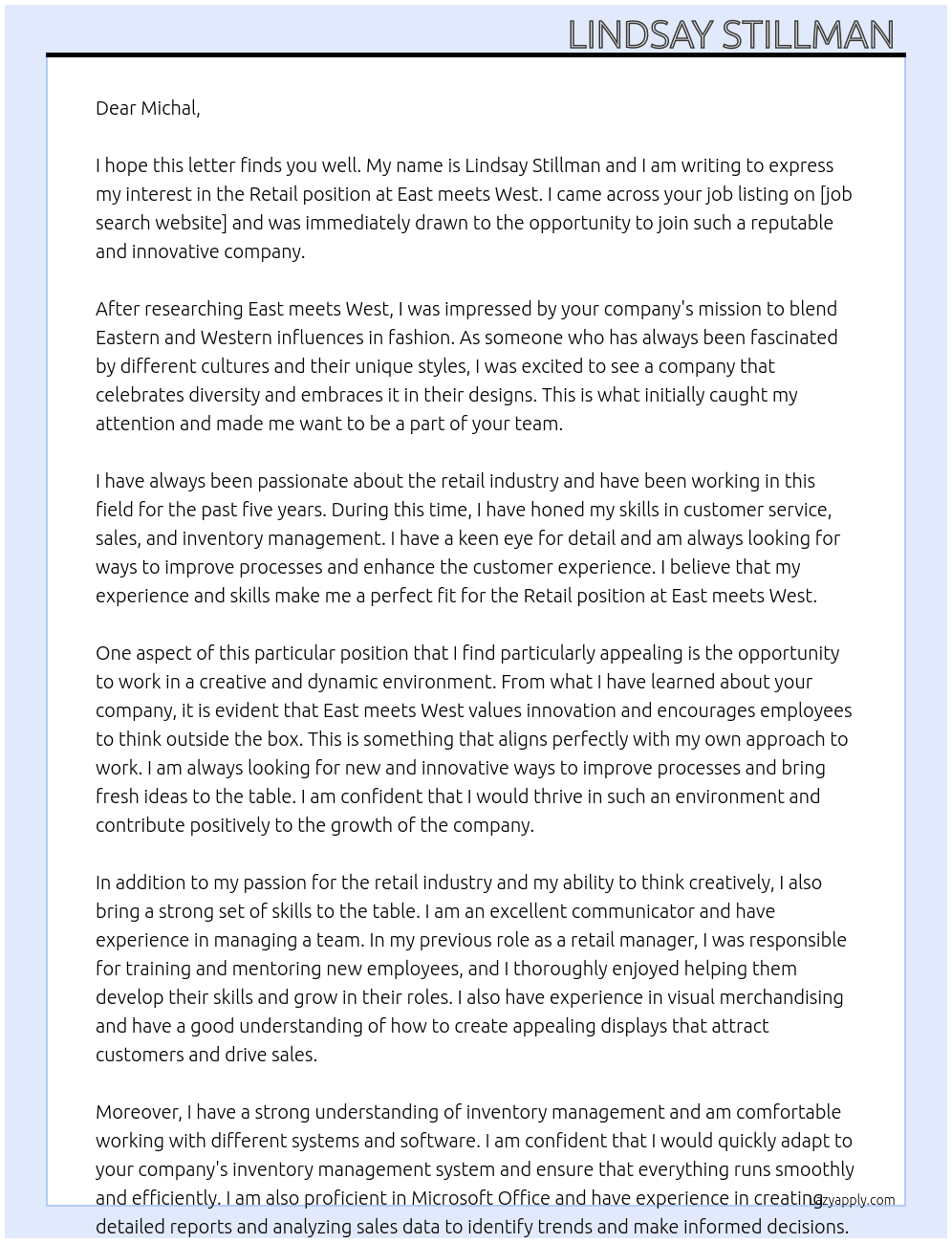 Retail At East meets West Cover Letter