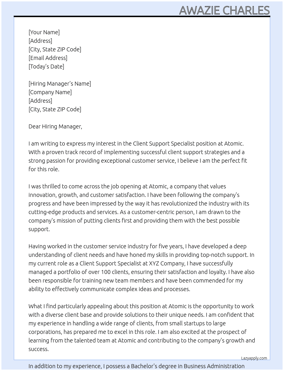 Client Support Specialist At Atomic Cover Letter