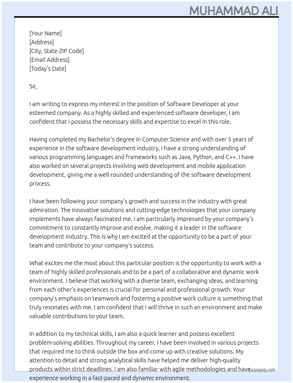 software develpor At Sir Cover Letter