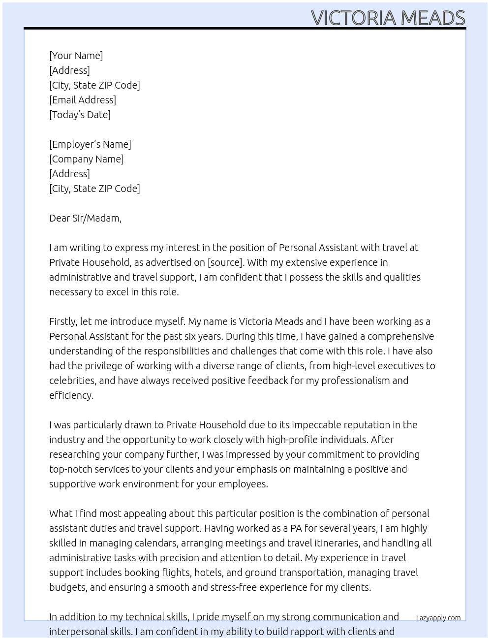 Personal Assistant with travel At Private Household Cover Letter