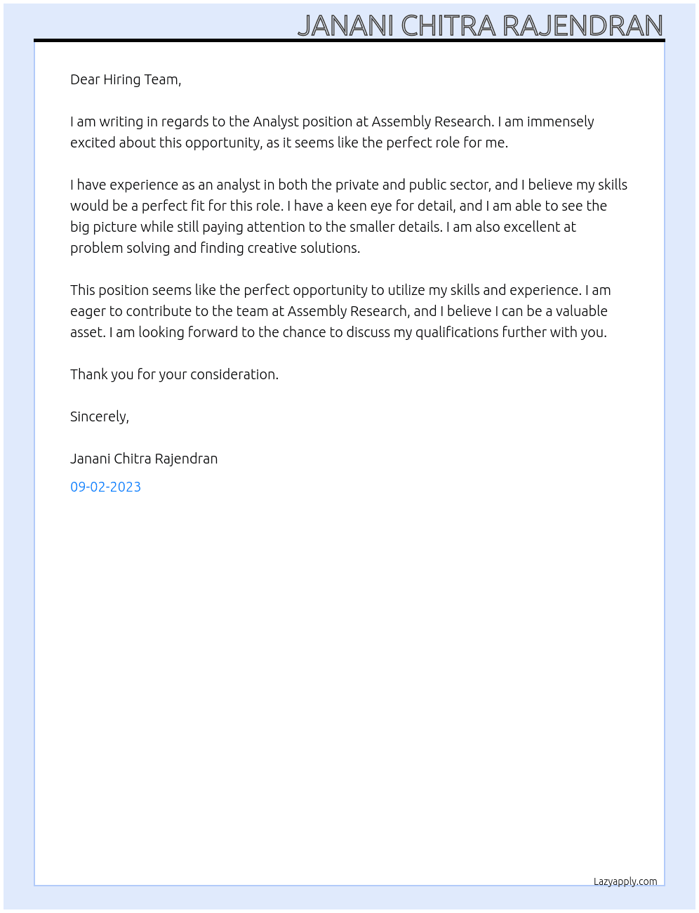 Analyst At Assembly Research Cover Letter