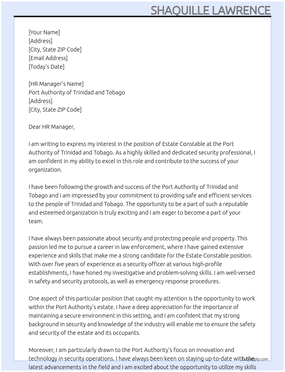 Estate Constable At Port Authority of Trinidad and Tobago Cover Letter