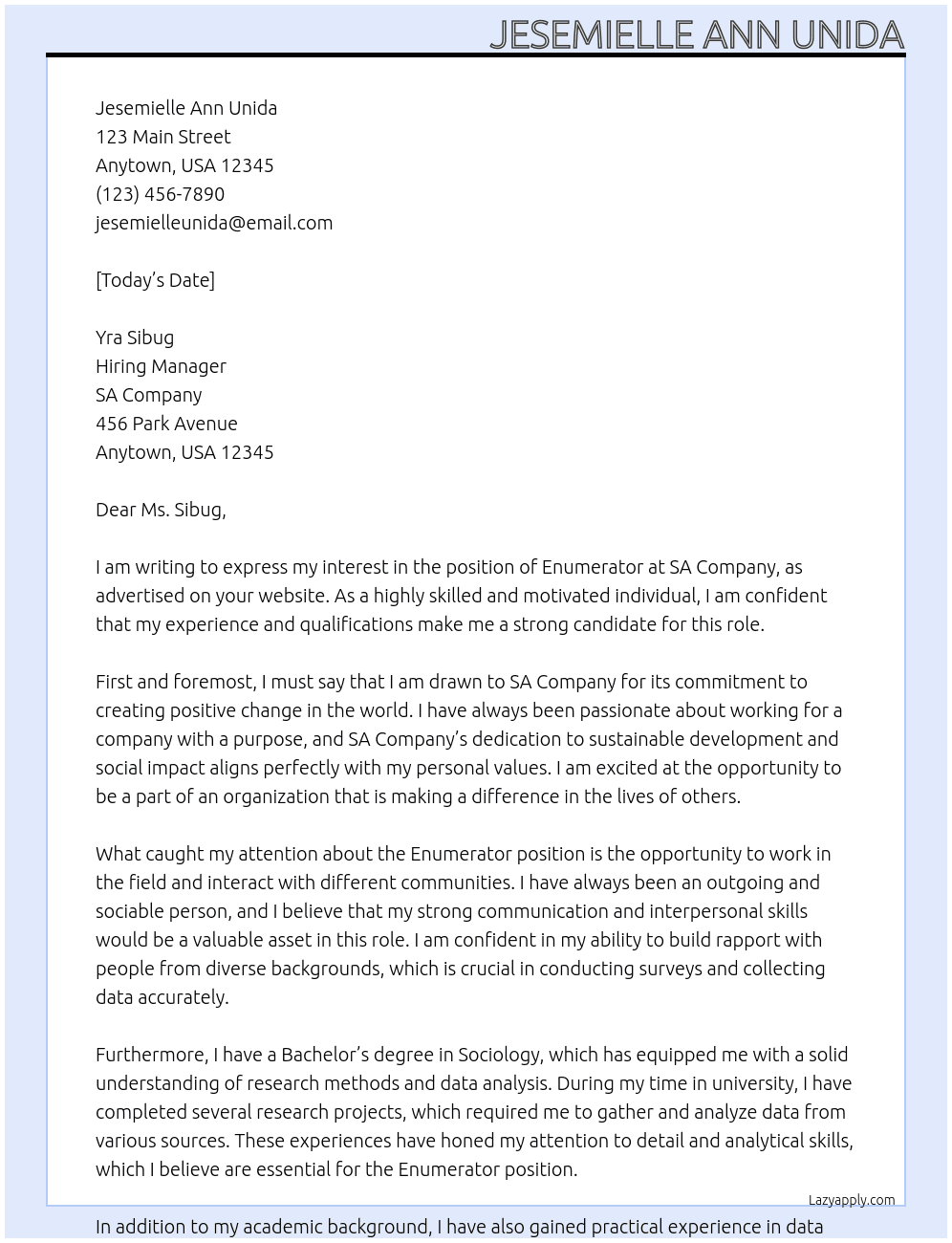 enumerator At {SA Cover Letter