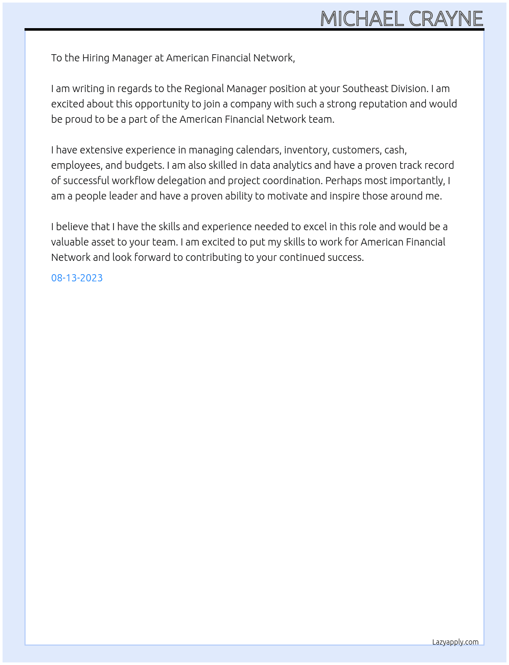 Regional Manager At Southeast Division at American Financial Network Cover Letter