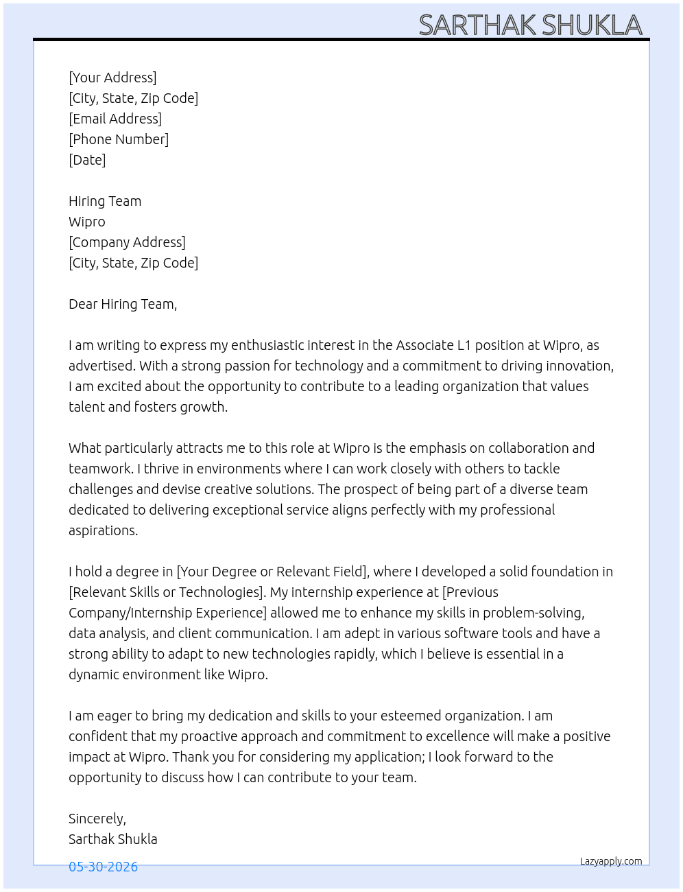 Associate L1  At Wipro Cover Letter