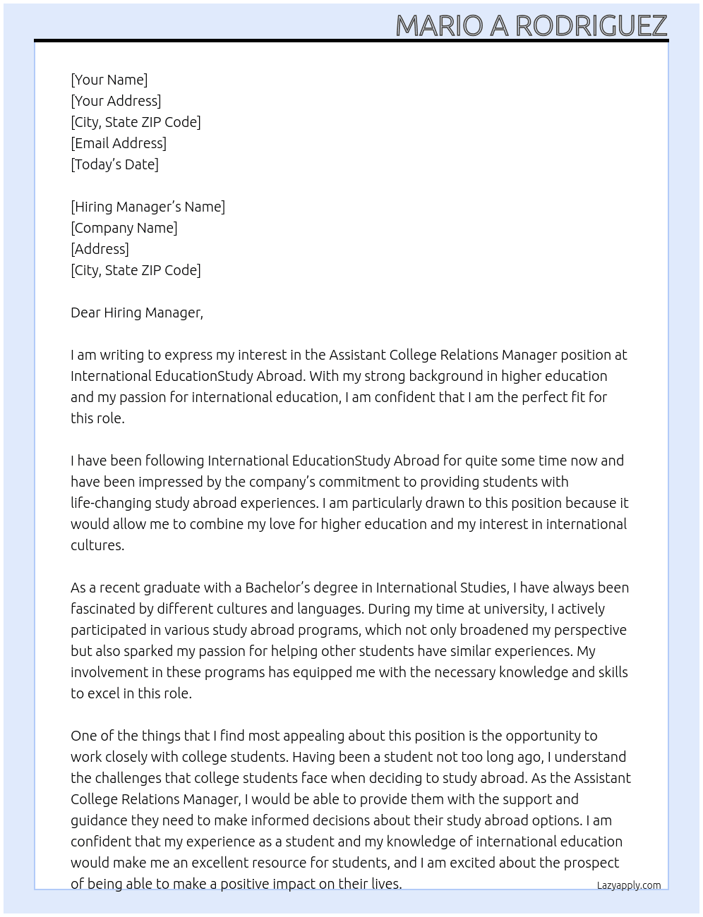 Assistant College Relations Manager At International EducationStudy Abroad Cover Letter