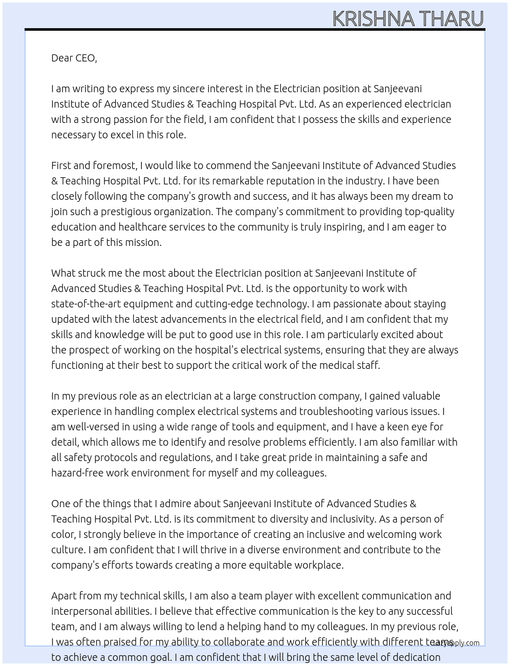 Electrician  At Sanjeevani Institute of Advanced Studies & Teaching Hospital Pvt. Ltd. Cover Letter