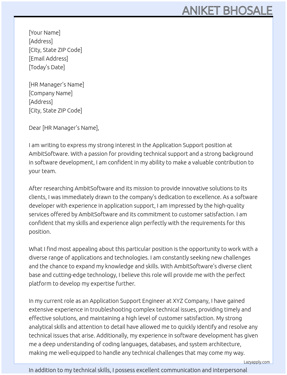 application support At ambitsoftware Cover Letter