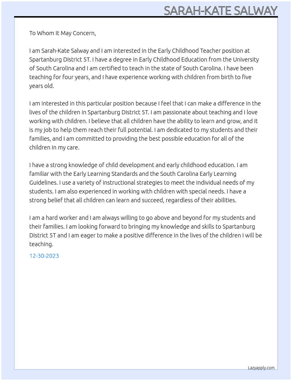 Early Childhood Teacher At Spartanburg District 5T Cover Letter