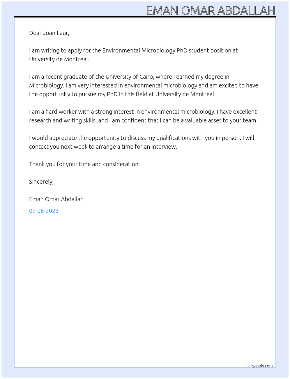 Environmental Microbiology PhD student position  At University de Montreal Cover Letter