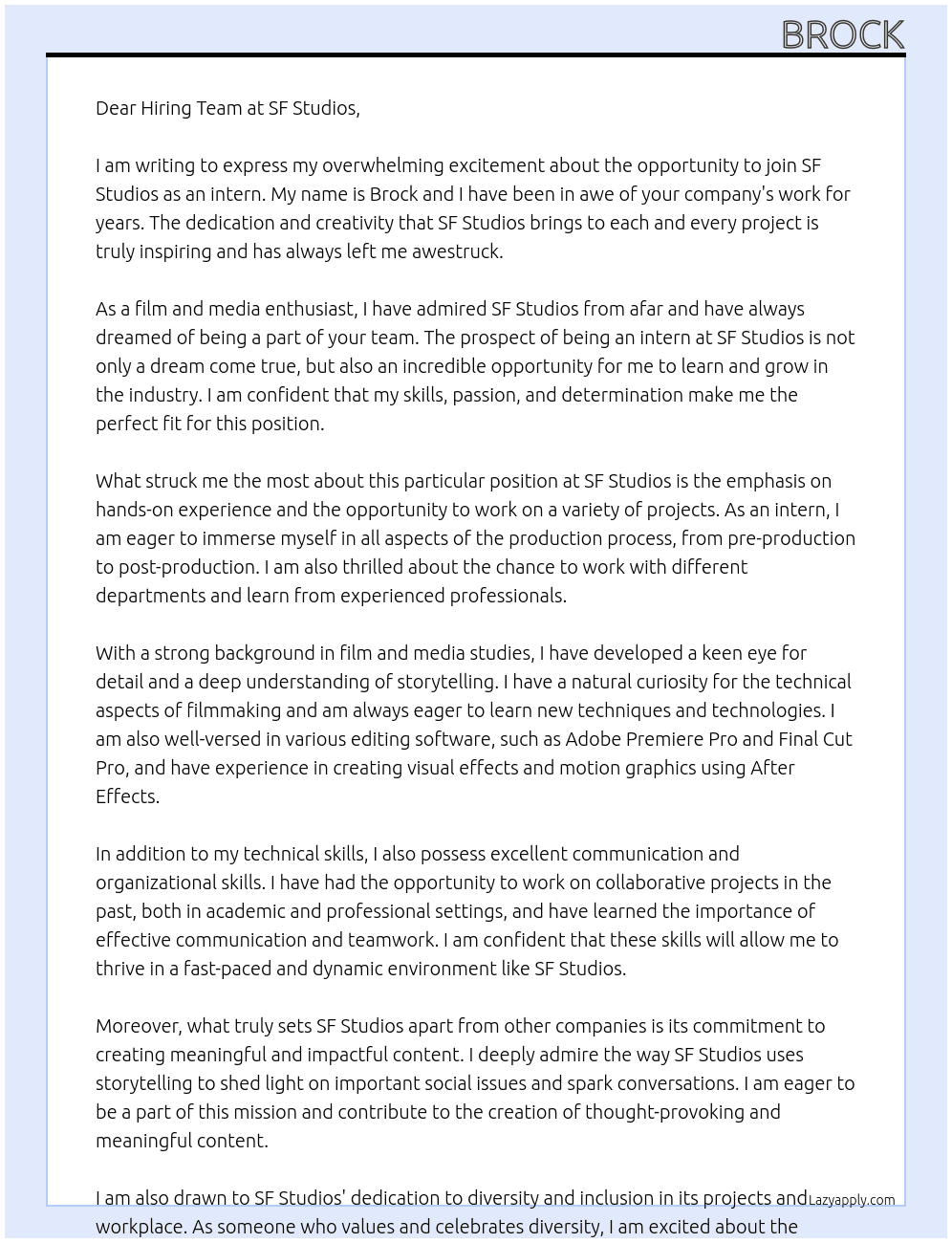 Intern At SF Studiod Cover Letter