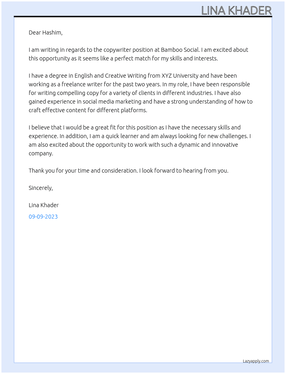 Copy writer  At Bamboo social  Cover Letter