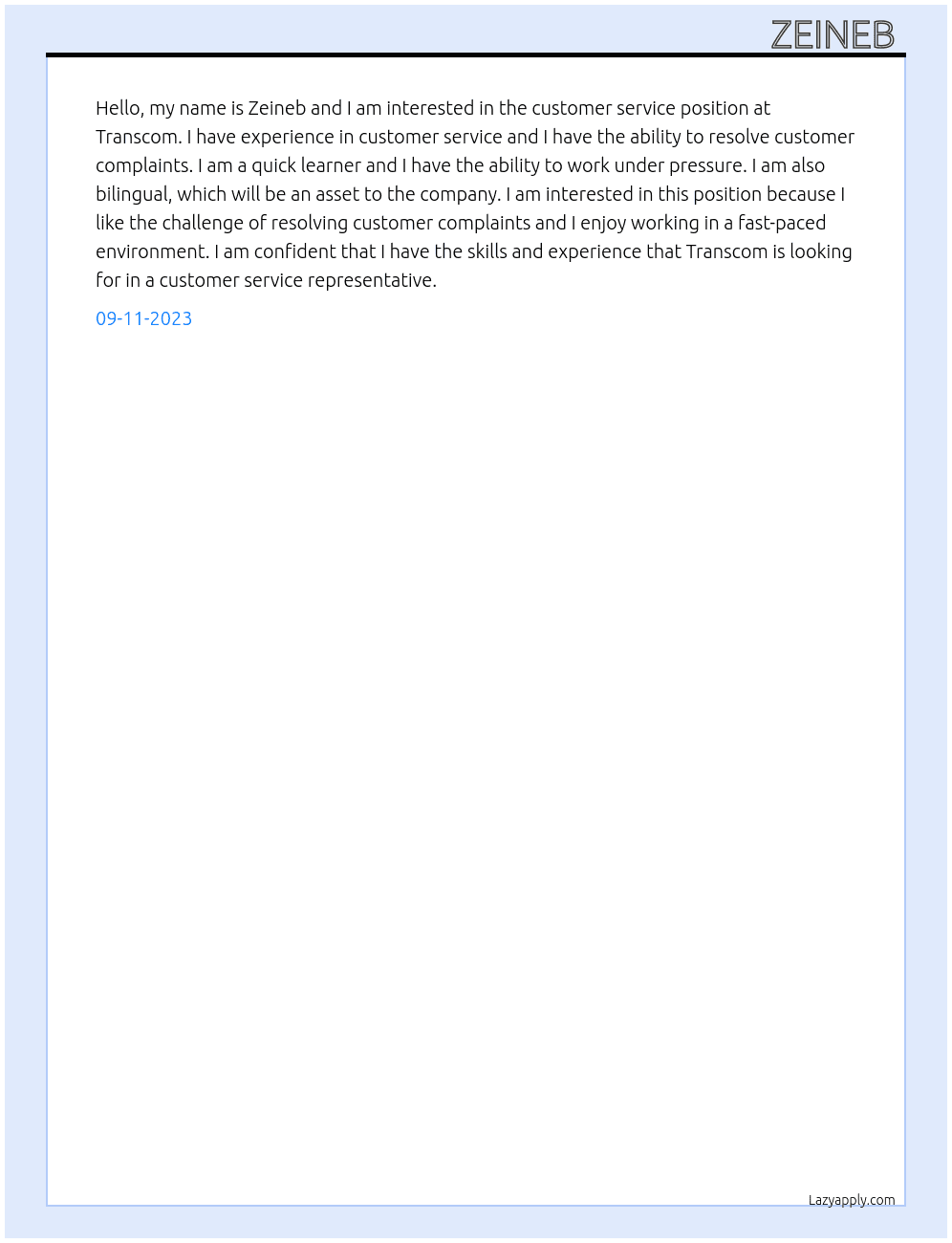 Costumer services  At Trranscom Cover Letter