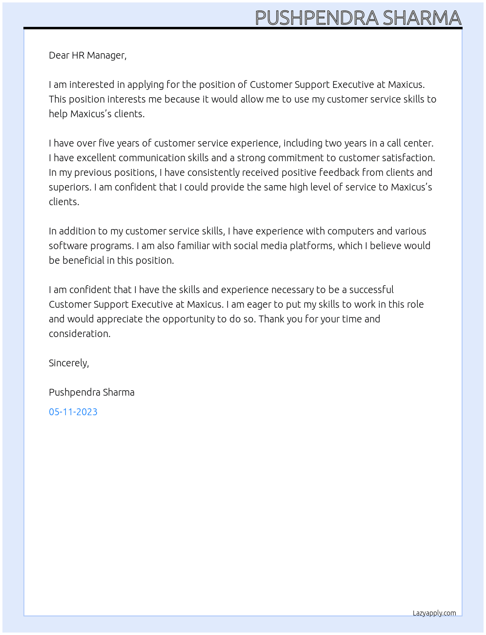 Customer Support Executive At Maxicus Cover Letter