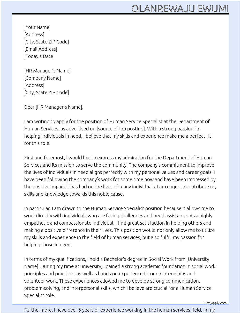 Human Service Specialist At Department of Human Services Cover Letter