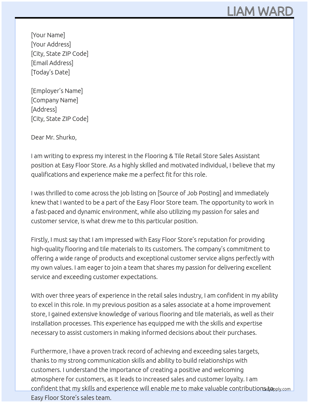 Flooring & Tile Retail Store Sales Assistant At Easy Floor Store Cover Letter