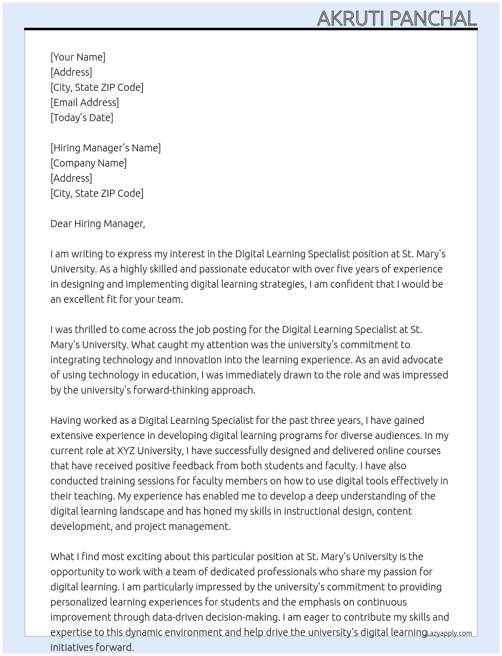 Digital Learning Specialist At St. Mary's University Cover Letter