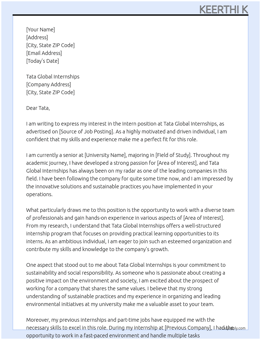 Intern At TATA Global Internships Cover Letter