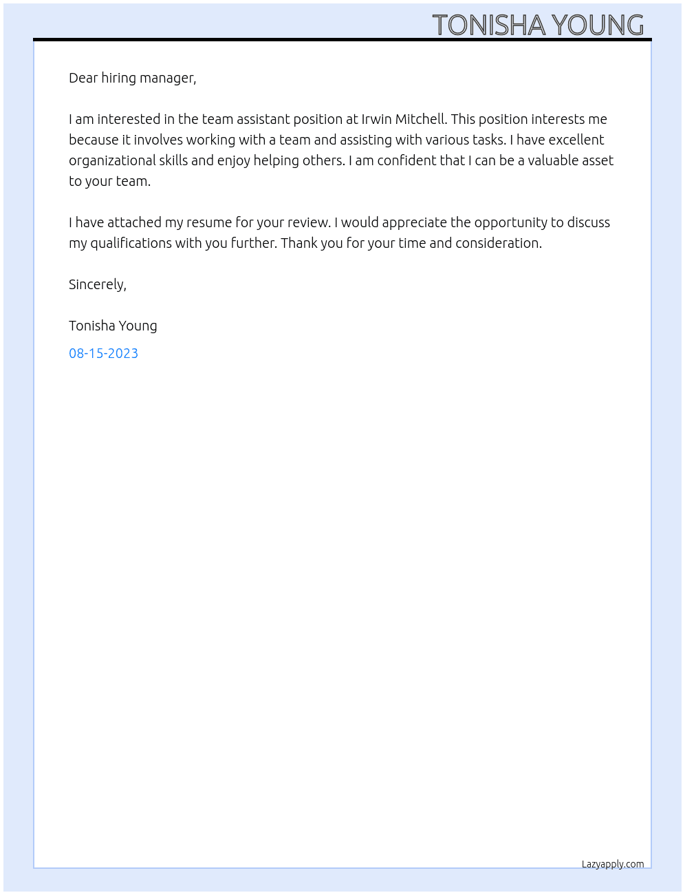team assistant  At Irwin Mitchell Cover Letter