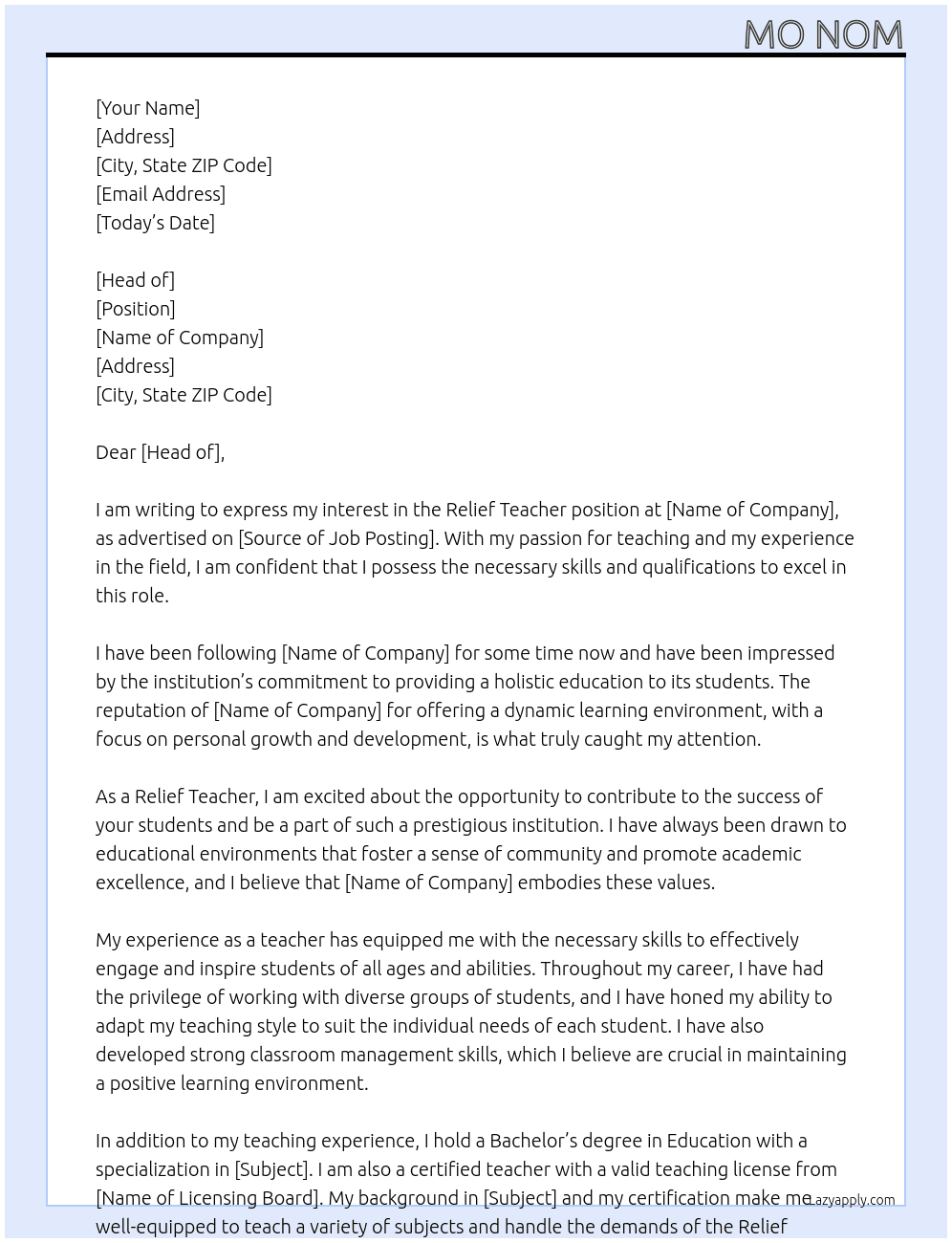 Relief Teacher At College Cover Letter