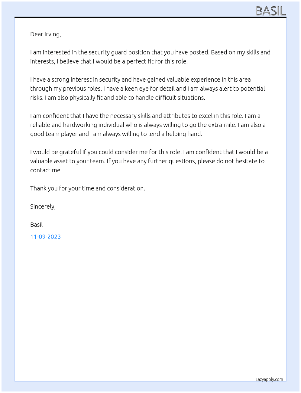 security gaurd At Irving  Cover Letter